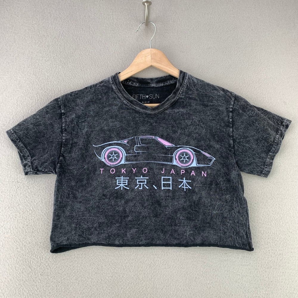 Tokyo Japan JDM Graphic Crop Tee Women S Black Acid Wash‎ Auto Racing T-Shirt